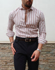 Camicia 100% PURO lino riga larga marrone