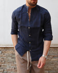 Camicia 100% lino collo coreano blu