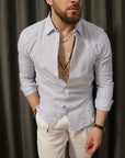 Camicia 100% lino con collo riga stretta blu