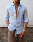 Camicia 100% lino collo mezzo francese azzurra