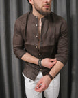 Camicia 100% lino collo coreano caffè