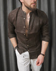 Camicia 100% lino collo coreano caffè