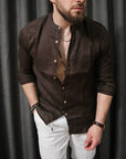 Camicia 100% lino collo coreano caffè