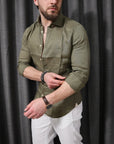 Camicia 100% lino con collo verde militare