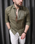 Camicia 100% lino con collo verde militare