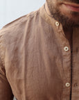 Camicia 100% lino collo coreano cammello