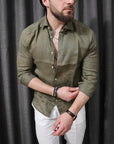 Camicia 100% lino con collo verde militare