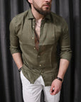 Camicia 100% lino con collo verde militare