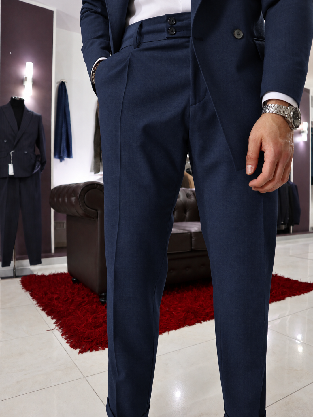 Abito sartoriale doppio petto rever ampio in pura lana blu
