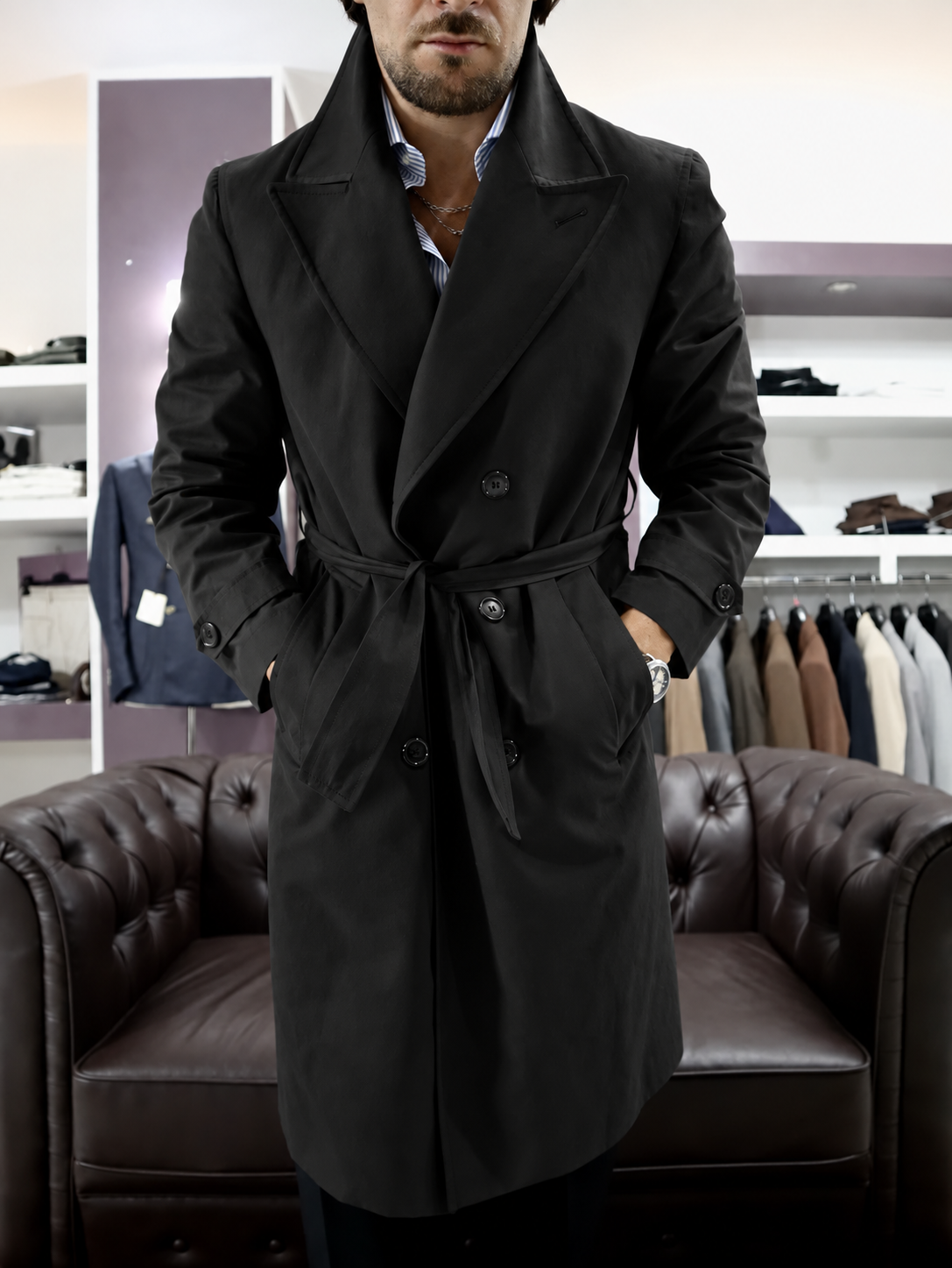 Trench sartoriale doppio petto in cotone tecnico