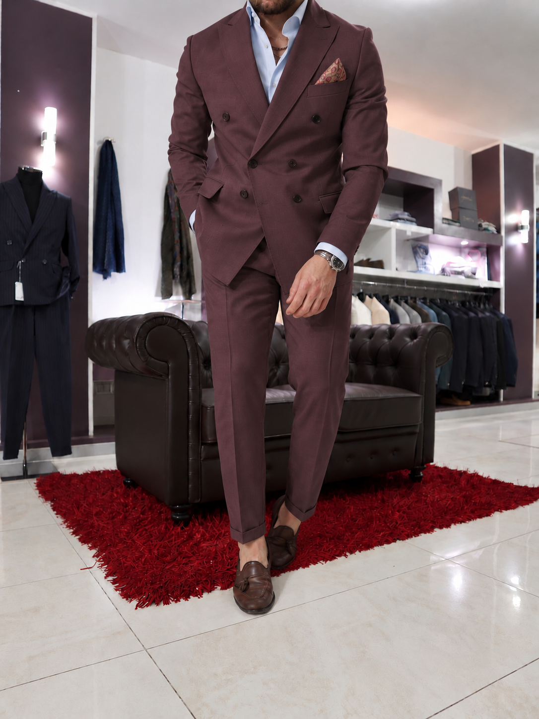Abito doppio petto sartoriale in pura lana Bordeaux