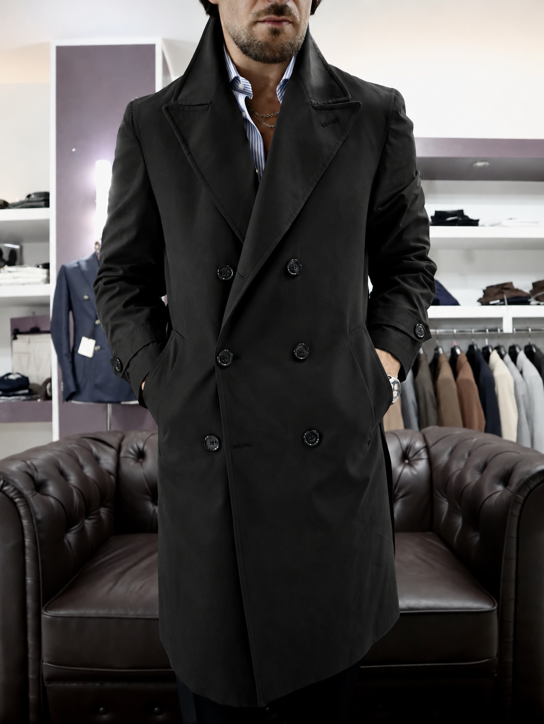 Trench sartoriale doppio petto in cotone tecnico