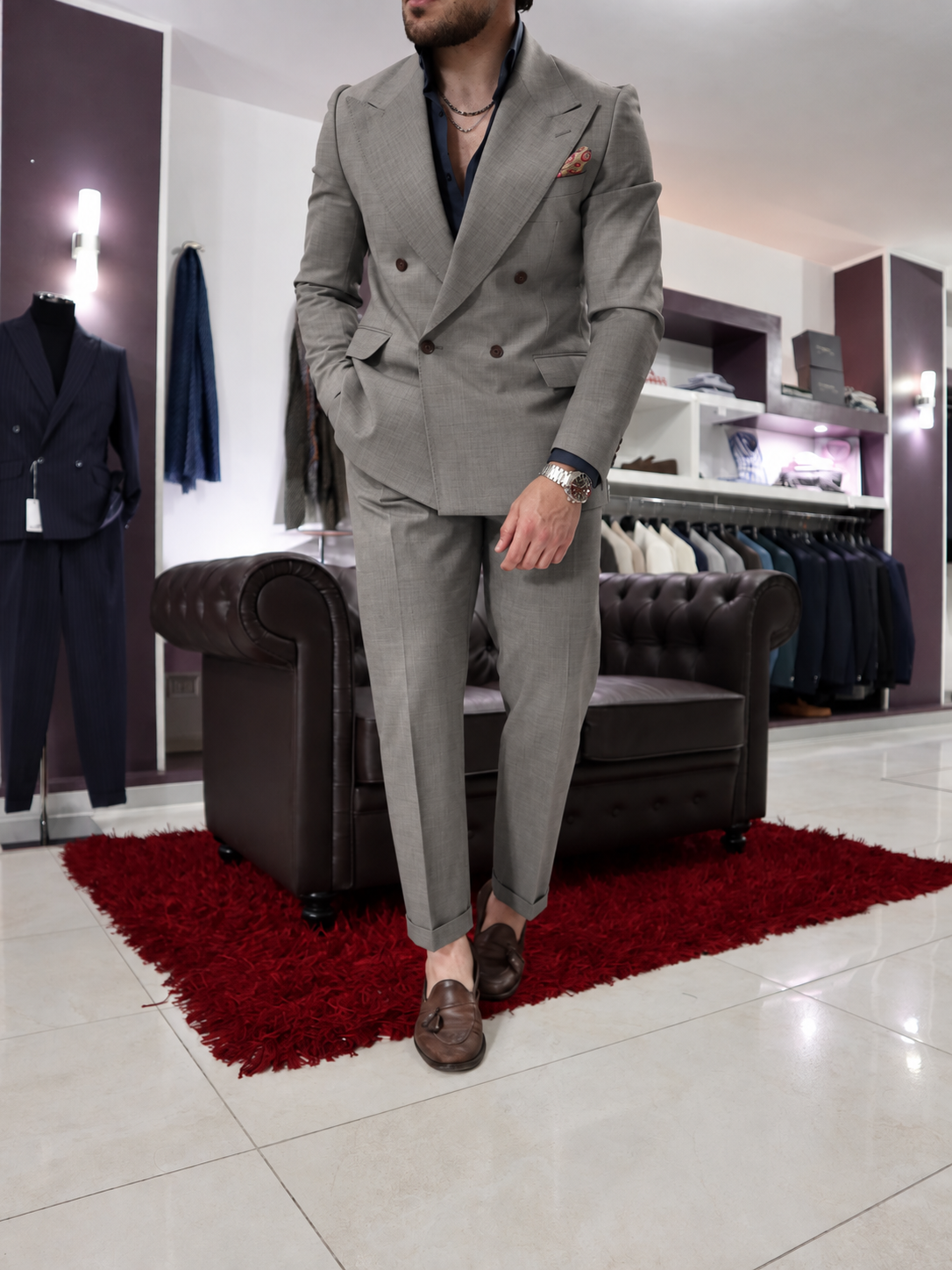 Abito sartoriale doppio petto rever ampio in pura lana Beige