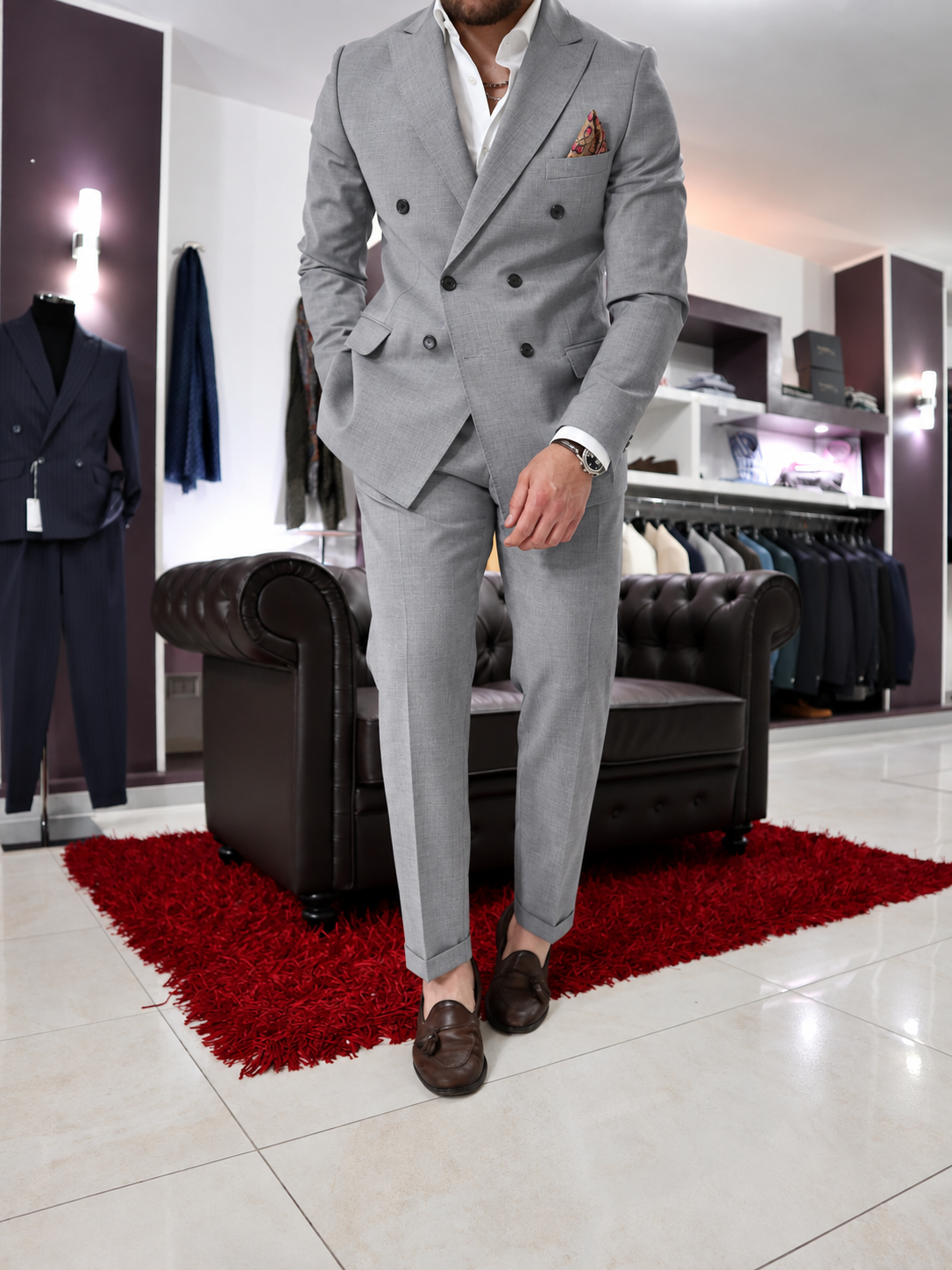 Abito doppio petto sartoriale in pura lana Grigio perla