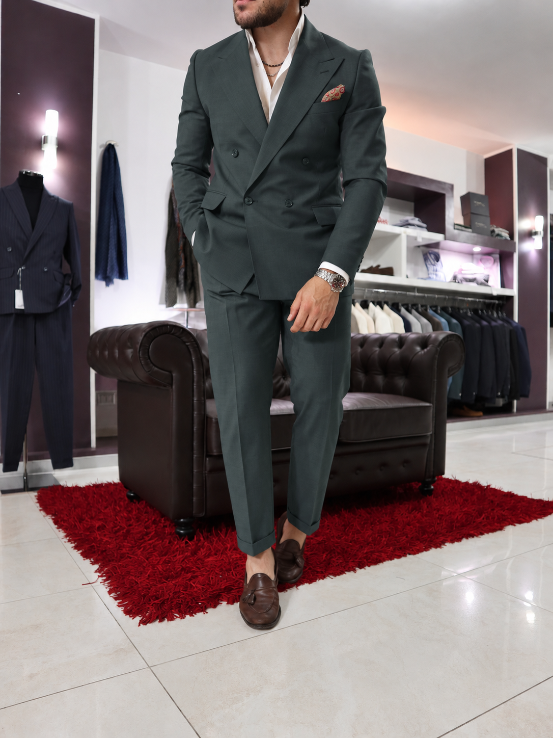 Abito Sartoriale doppio petto rever ampio in pura lana Verde