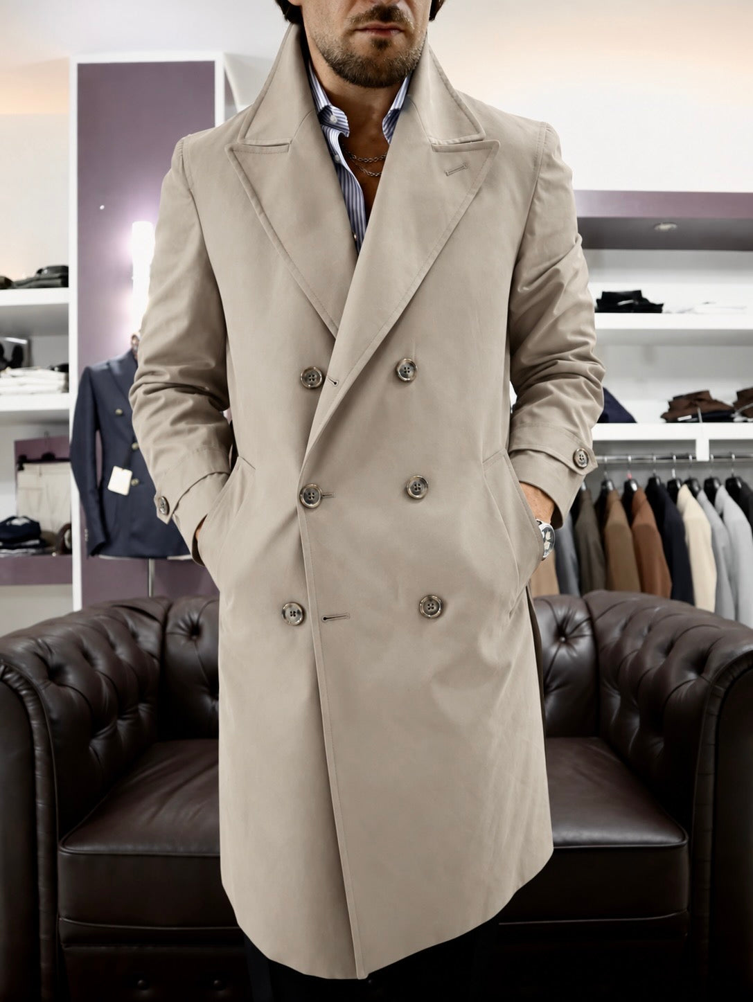 Trench sartoriale doppio petto in cotone tecnico
