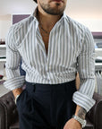 Camicia regular in twill di cotone bastoncino beige azzurro e blu