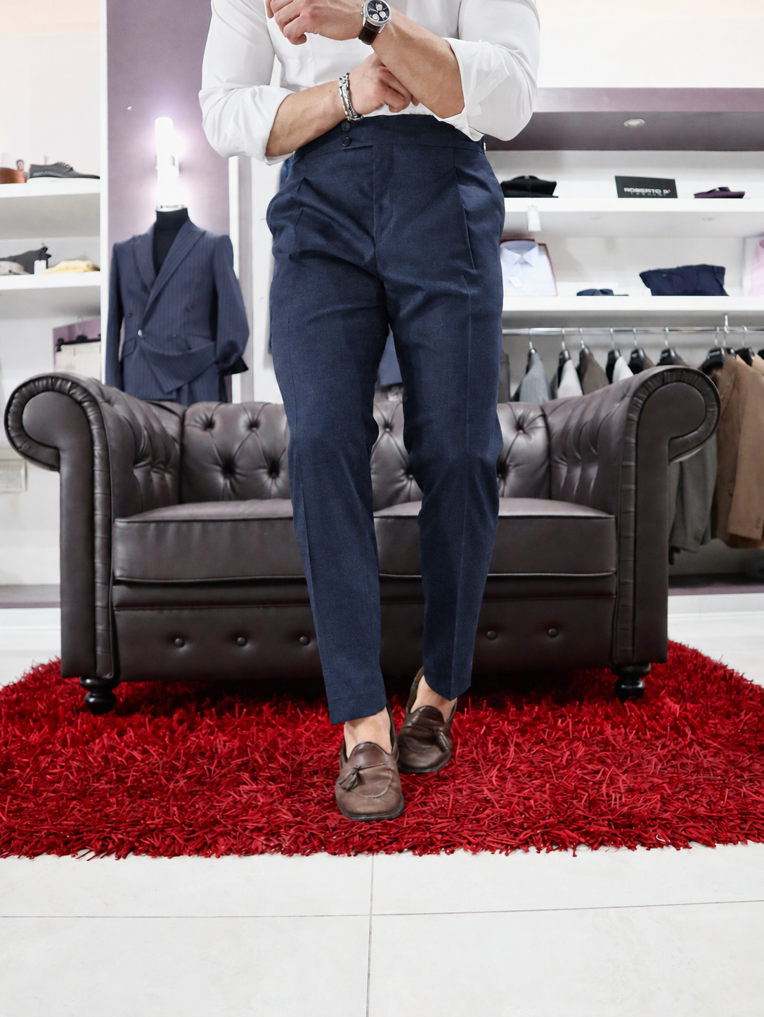 Pantalone Caruso a vita alta con fibbie laterali in flanella