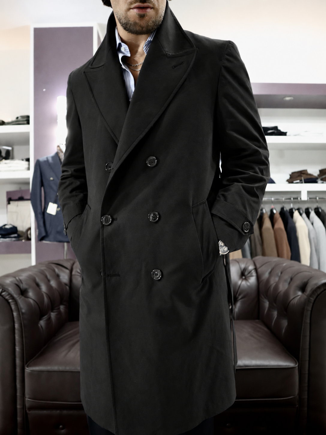 Trench sartoriale doppio petto in cotone tecnico