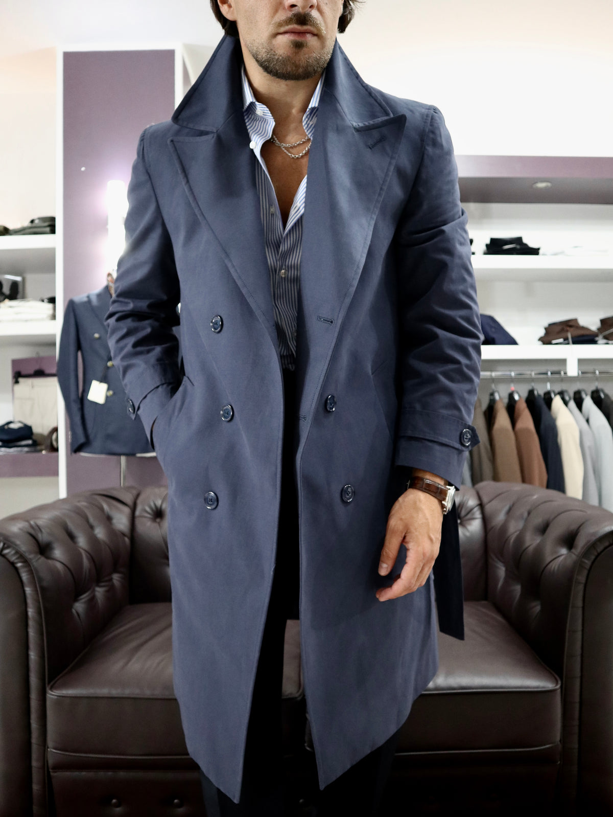 Trench sartoriale doppio petto in cotone tecnico