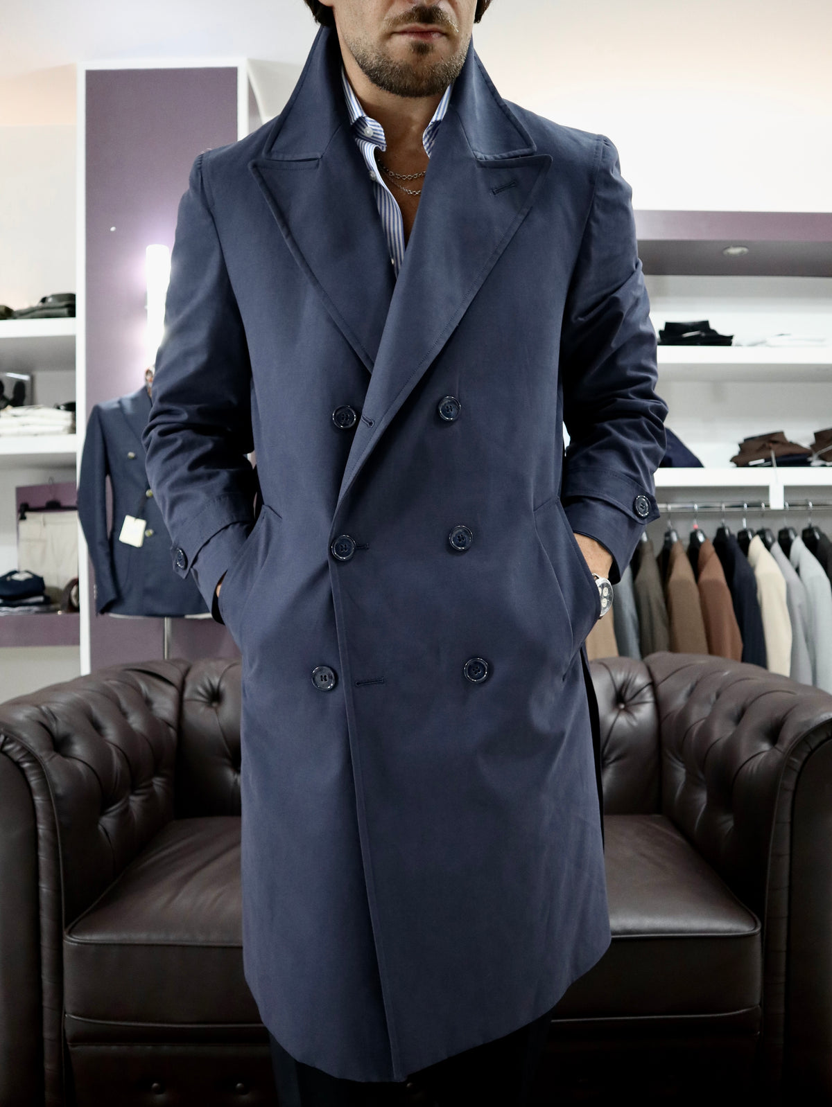 Trench sartoriale doppio petto in cotone tecnico