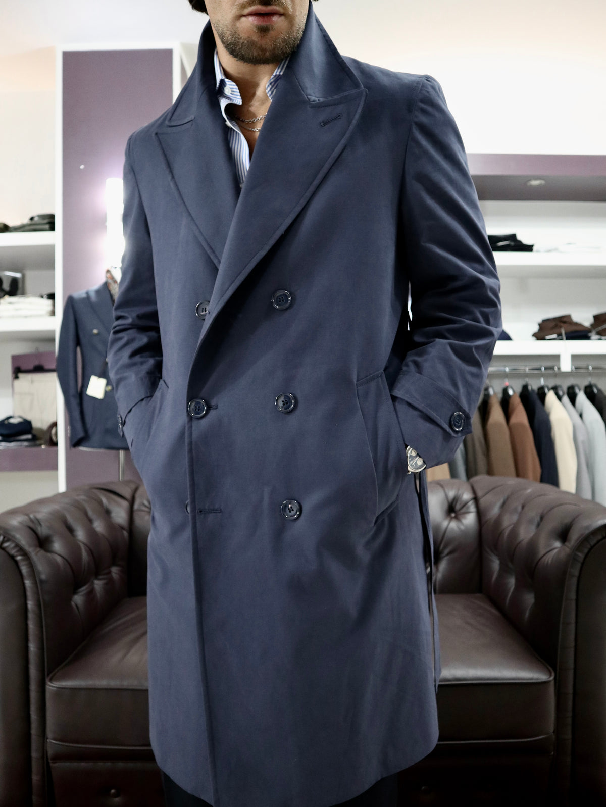 Trench sartoriale doppio petto in cotone tecnico