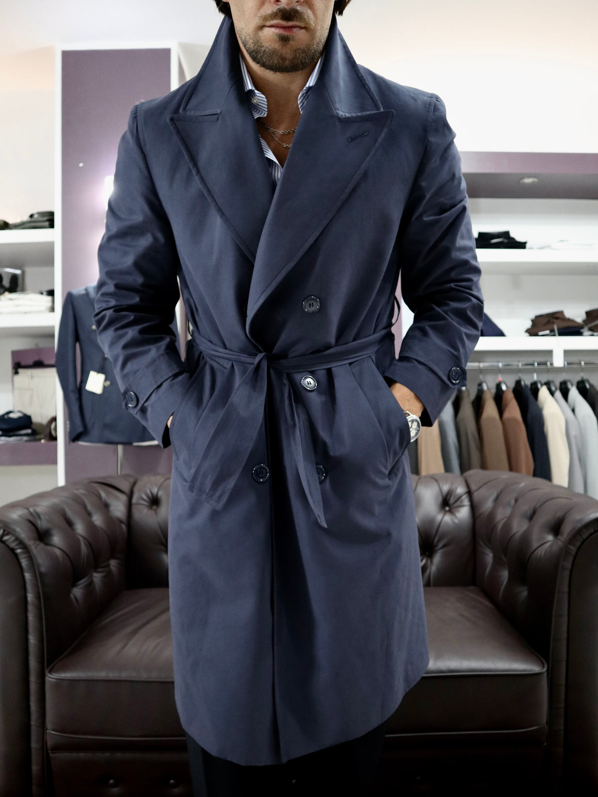 Trench sartoriale doppio petto in cotone tecnico