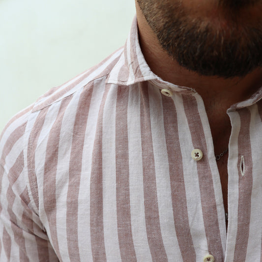 Camicia 100% PURO lino riga larga marrone