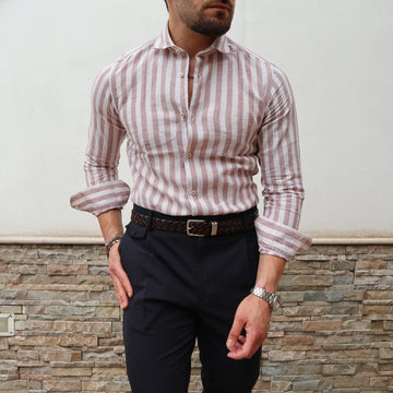 Camicia 100% PURO lino riga larga marrone