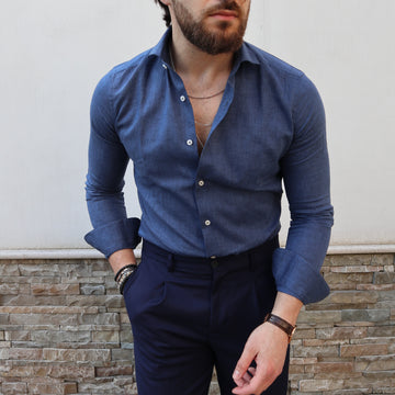 Camicia basic in lino e cotone blu jeans