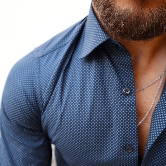 Camicia  basic slim blu con  microfantasia