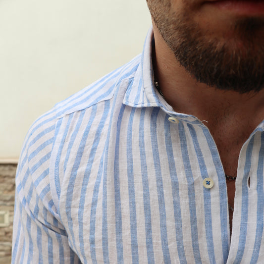 Camicia 100% PURO lino riga azzurra