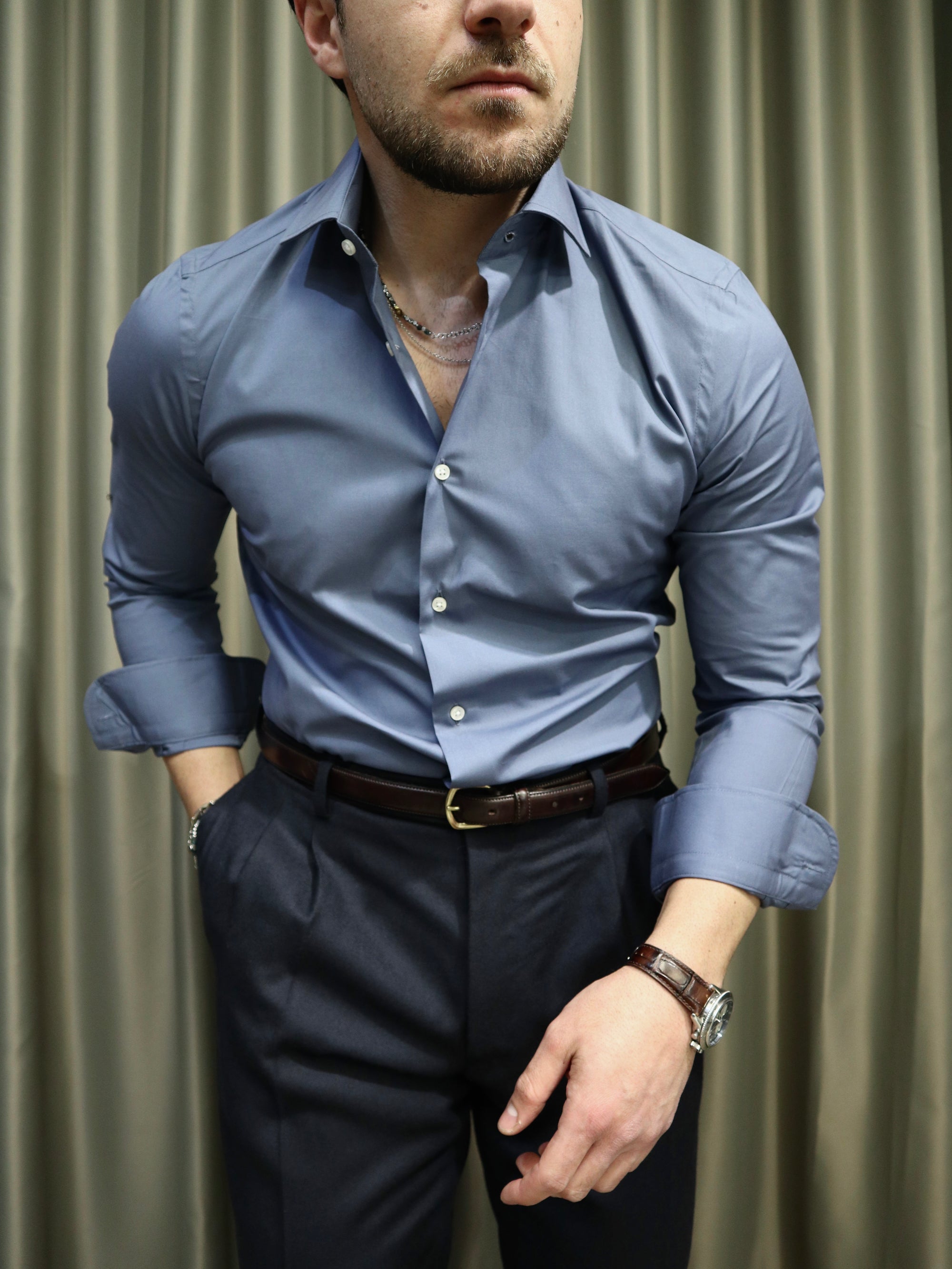 Camicia basic slim puro cotone Azzurro scuro