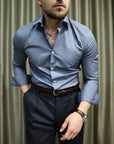 Camicia basic slim puro cotone Azzurro scuro