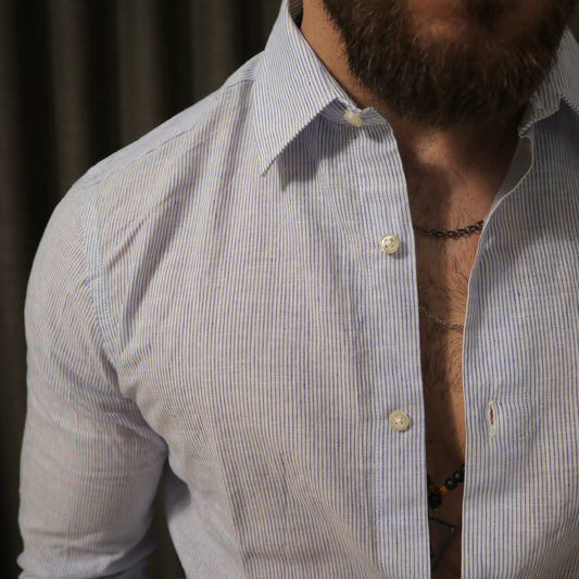 Camicia 100% lino con collo riga stretta blu