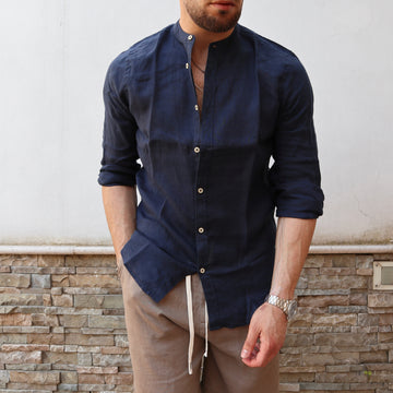 Camicia 100% lino collo coreano blu