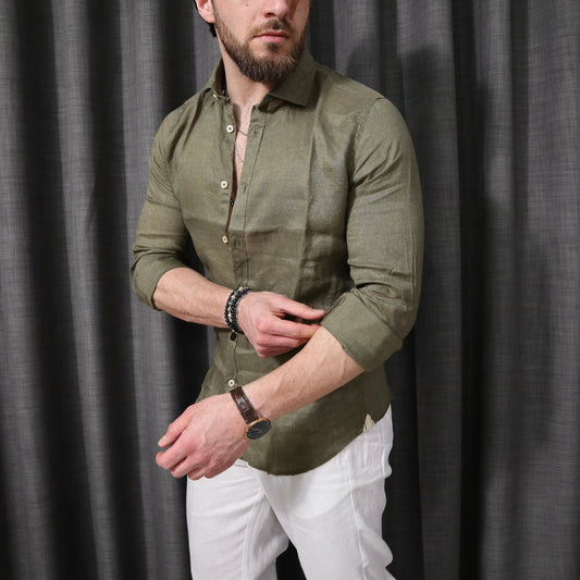 Camicia 100% lino con collo verde militare