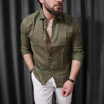 Camicia 100% lino con collo verde militare